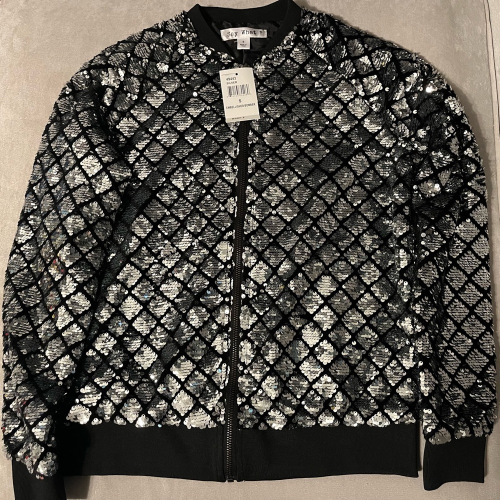 Women’s New Say What Black and Silver Sequin Bomber Jacket Size S